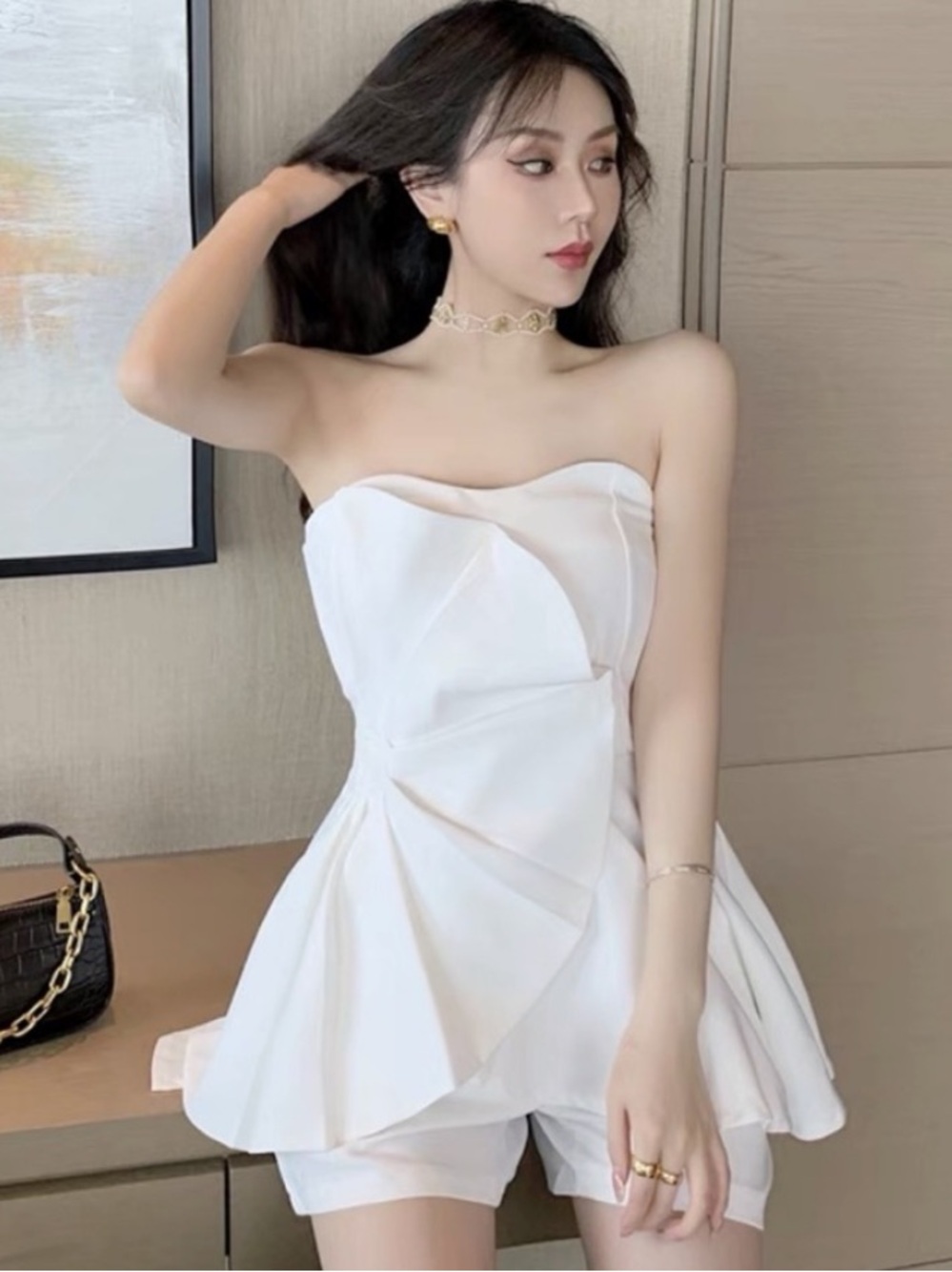 Elegant White Strapless Peplum Top & Shorts Set